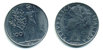 ИТАЛИЯ 100 ЛИР 1974 R, АФИНА KM 96.1 нержавеющая сталь 59-621