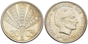 Уругвай 20 сентесимо 1954 Хосе Хервасио Артигас KM 36 серебро UNC 4609-445