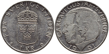 Швеция 1 крона 1991 Карл XVI Густав (1973- ) KM 852a медно-никель 4384-152