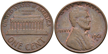 США 1 цент 1961 D, Авраам Линкольн KM 201 медь цинк 4564-348