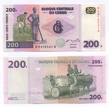 КОНГО 200 ФРАНКОВ 2000 (2006) СЕРИЯ N-B Pick 95A бумага UNC (ПРЕСС) 7547-57-2-1