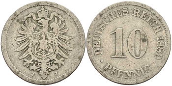 ГЕРМАНИЯ 10 ПФЕННИГОВ 1889 J, СТАРОГЕРБОВКА KM 4, J. 4 медно-никель 4401-333