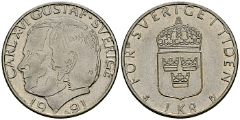 Швеция 1 крона 1991 Карл XVI Густав (1973- ) KM 894 медно-никель 4138-956