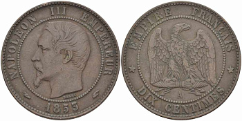 Франция 10 сантимов 1855 A, Наполеон III (1852-1870) KM 771.1, Le Franc 133.18 бронза    4680-523