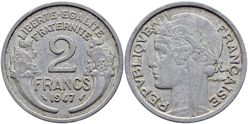 Франция 2 франка 1947 KM 886а.1 алюминий 4397-744