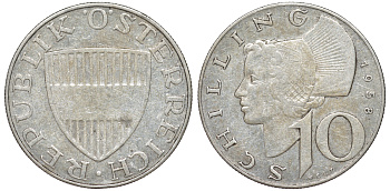Австрия 10 шиллингов 1958 KM 2882 серебро 4178-1145