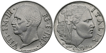 ИТАЛИЯ 20 ЧЕНТЕЗИМО 1941 R, ВИКТОР ИМАНУИЛ, XIX ГОД KM 75b нержавеющая сталь 98-135