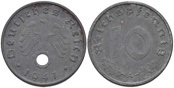 ГЕРМАНИЯ 10 РЕЙХСПФЕННИГОВ 1941 A KM 101, J. 371 цинк 212-816