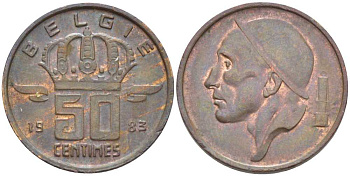 БЕЛЬГИЯ 50 САНТИМОВ 1983 BELGIE, БОДУЭН I (1951-1993) KM 149.1 бронза 116-1035