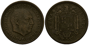 Испания 1 песета 1947 Франсиско Франко (1939-1975) KM 775 алюминиевая бронза 4176-313