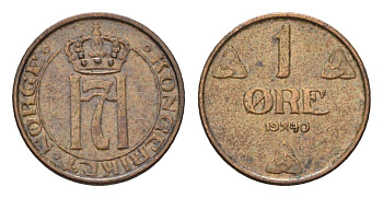 Норвегия 1 эре 1940 Хокон VII (1905-1957) KM 367 бронза 4625-864