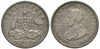 Австралия 3 пенса 1917 M, Георг V (1910-1936), герб Австралии KM 24 серебро 4528-352