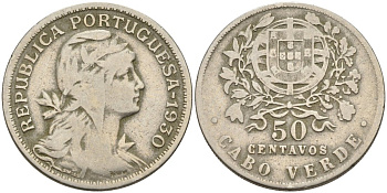 Португальское Кабо-Верде 50 сентаво 1930 острова Зеленого мыса KM 4 никель бронза 4571-934