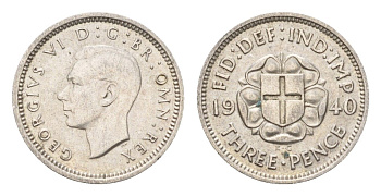 Великобритания 3 пенса 1940 Георг VI (1936-1952) KM 848, Spink 4085 серебро 4669-362