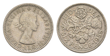 Великобритания 6 пенсов 1958 Елизавета II (1952-2022) KM 903, Spink 4149 медно-никель 4615-438