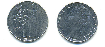 ИТАЛИЯ 100 ЛИР 1976 R, АФИНА KM 96.1 нержавеющая сталь 3999-336