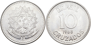 Бразилия 10 крузадо 1988 реформа 1986-1989 KM 607 нержавеющая сталь 219-834