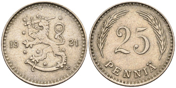 Финляндия 25 пенни 1921 Н KM 25 медно-никель 96-553