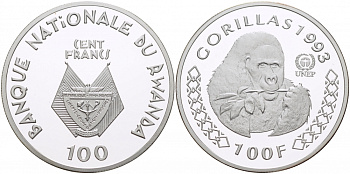 Руанда 100 франков 1993 горилла KM 21 серебро PROOF 1068-2-52