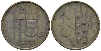 НИДЕРЛАНДЫ 5 ЦЕНТОВ 1991 БЕАТРИКС KM 202 бронза 72-1446
