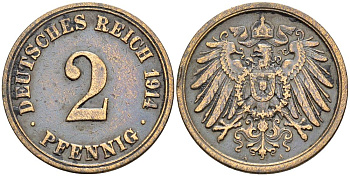 ГЕРМАНИЯ 2 ПФЕННИГА 1914 A KM 16, Jager 11, Weege 4 медь 4546-733