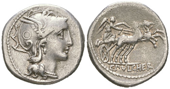 Римская Республика денарий 110-109 гг до н.э. монетарий Клавдий Пульхр, голова Ромы в шлеме/C PVLCHER, Виктория в биге, Рим, 3,94 гр Crawford 300/1 серебро 00-815-82