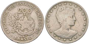 Бразилия 200 реалов 1901 MCMI, голова свободы вправо KM 504 медно-никель 4612-257