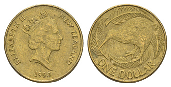 Новая Зеландия 1 доллар 1990 Елизавета II (1952-2022), птица киви KM 78 алюминиевая бронза 4652-246