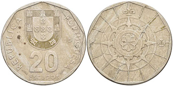 ПОРТУГАЛИЯ 20 ЭСКУДО 1988 INCM KM 634.1 медно-никель 4521-313