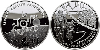 Франция 1 1/2 евро 2003 100 лет велогонкам Тур де Франс, два велосипедиста KM 1323 серебро PROOF 1095-3-53
