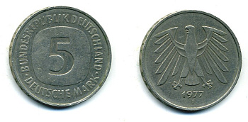 ФРГ 5 МАРОК 1977 J, KM 140.1, J 415 медно-никель плакированный никелем плакированный никелем 25-1933