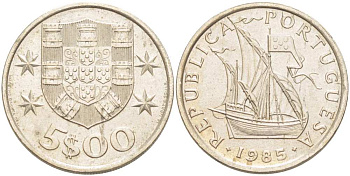 Португалия 5 эскудо 1985 парусник KM 591 медно-никель 4513-1057