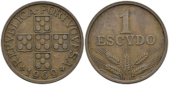 Португалия 1 эскудо 1969 первый год KM 597 бронза 4148-424