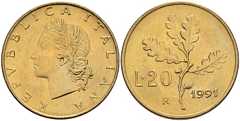 Италия 20 лир 1991 R, дубовый лист KM 97.2 алюминиевая бронза  UNC  4594-839