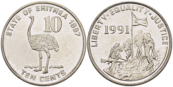 Эритрея 10 центов 1997 страус KM 45 сталь плакированная никелем UNC 67-1246
