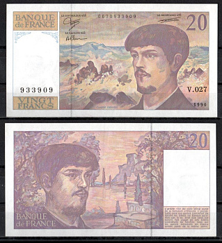Франция 20 франков 1990 Pick 151 d бумага aUNC 7222-21-1-2