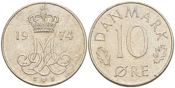 ДАНИЯ 10 ЭРЕ 1974 S; B, МАРГРЕТЕ II (1972-) KM 860.1 медно-никель 4387-1165
