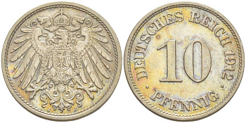 ГЕРМАНИЯ 10 ПФЕННИГОВ 1912 J KM 11, J. 12, Weege 6 медно-никель 4523-312