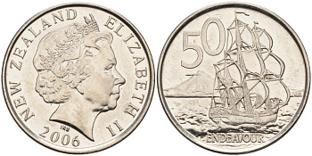 Новая Зеландия 50 центов 2006 Елизавета II (1952-2022), парусник Индевор KM 119а никелированная сталь 4579-1051