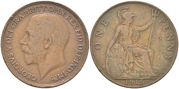 Великобритания 1 пенни 1915 Георг V (1910-1936) KM 810, Spink 4051 бронза 4162-545