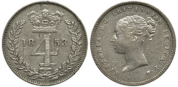 Великобритания 4 пенса 1853 Виктория (1837-1901) KM 732, Spink 3917 серебро 1524-222