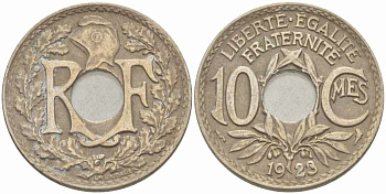 ФРАНЦИЯ 10 САНТИМОВ 1923 tb, ТИП ЛИНДАЙЁ, МОНЕТНЫЙ ДВОР ПУАССИ, МОЛНИЯ KM 866а, LE FRANC 138.9 медно-никель 108-137