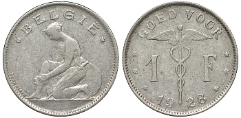 Бельгия 1 франк 1928 Belgie KM 90 никель 51-1254