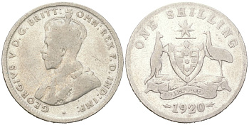 Австралия 1 шиллинг 1920 M, Георг V (1910-1936), самый редкий год тиража KM 26 серебро 4364-3156