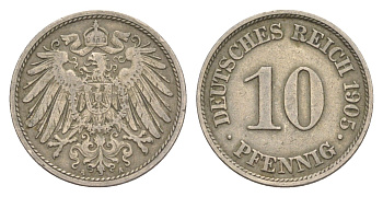 Германия 10 пфеннигов 1905 A, Вильгельм II (1888-1918) KM 12, J. 13 медно-никель 4647-916