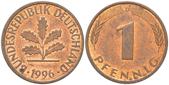 Германия 1 пфенниг 1996 D KM 105 сталь плакированная медью aUNC 4613-1216