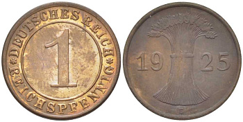 ГЕРМАНИЯ 1 РЕЙХСПФЕННИГ 1925 E KM 37, J. 313, Weege 2 бронза 206-823