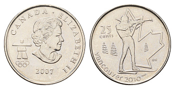 Канада 25 центов 2007 XXI зимние Олимпийские Игры, Ванкувер 2010 - Биатлон KM 685 сталь плакированная никелем UNC 4678-1153