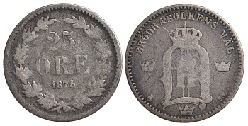 Швеция 25 эре 1875 ST, Оскар II (1872-1907) король Швеции и Норвегии KM 738 серебро 4179-814