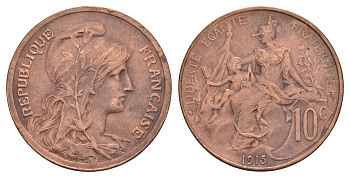 Франция 10 сантимов 1915 тип Даниэль Дюпюи KM 843, Le Franc?136/25 бронза 4657-546